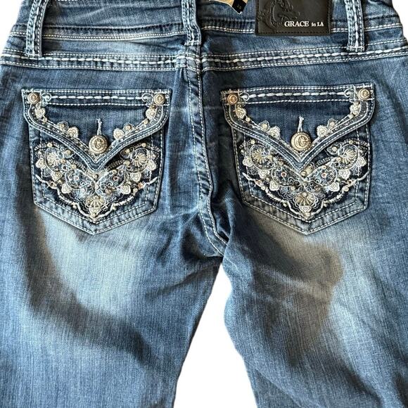 Grace in LA Embellished Straight Leg Jeans  Denim Bejeweled Pockets Size 29 - Picture 5 of 12